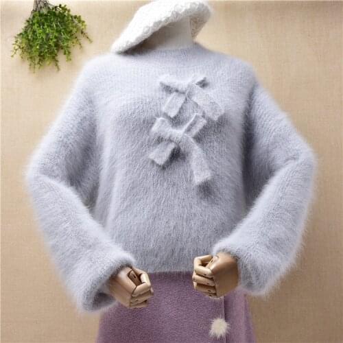 Ladies women fashion bowtie hairy angora rabbit hair knitted long lantern sleeve loose pullover angora fur winter jumper sweater