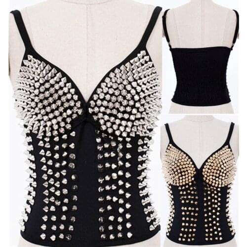 Women Fashion Sexy Lingeries Glitter Rivet Black Club Punk Dance Bra Top waist trainer corset Gothic corsets