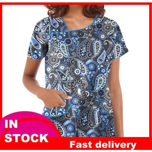 4# For Pregnant Women Pregnancy Blouses Asym-neck Flower Pattern Top Nurse Working Uniform Shirts Short Sleeve Shirts Premama