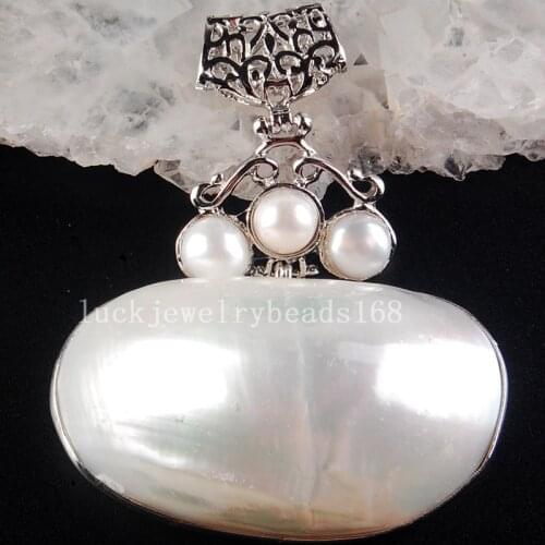 Free Shipping Women Fashion Jewelry 50x61x18mm Beautiful White Mother of pearl Shell Oval Pendant Bead C3774