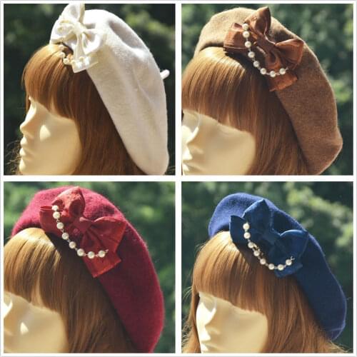 Biamoxer Vintage Women Lolita Gothic Wool Bow Elegant Womens Lolita Pearl Bow Wool Beret Hat Sailor Artist Painter Cap Gifts