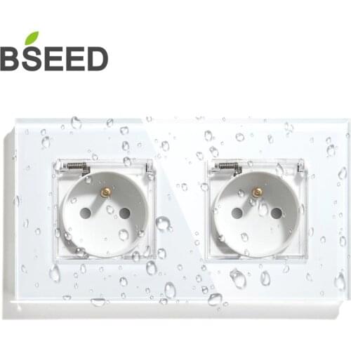 BSEED New France Standard Waterproof Double Socket Wall Socket 16A 110V-250V White Black Gloden Crystal Glass Panel Wall Socket