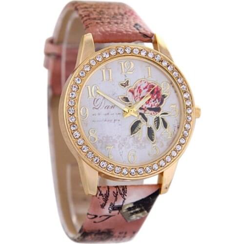 New Fashion Watches Women Analog Quartz Watches Printed Flower Clock PU Leather Strap Watch for Women relogio feminino