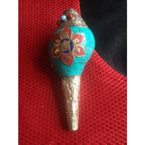 CHINESE TIBETAN BUDDHISM COPPER INLAID GEMS CONCH SHELLS CLEAR LOUD HORN METAL HANDICRAFT