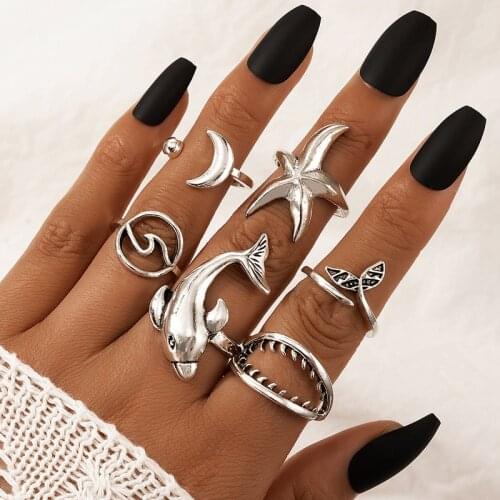 HuaTang Trendy Dolphin Starfish Finger Rings for Women Moon Fish Tail Open Metal Alloy Silver Color Ring Set Charming Jewelry