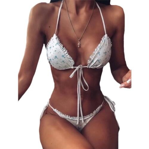 Bathing Suit Sexy Ruffles Bikini Set Women Bandage Push Up Padded Thong Biquini Women Halter Style Beach Swimming Wear