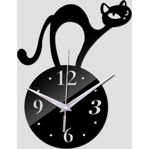 Lovely cat new home decoration living room quartz acrylic modern design luxury mirror wall clock 3d watches stickers