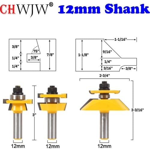 CHWJW 12mm Shank Bevel 3 Bit Raised Panel Cabinet Door Router Bit Set with Back-cutter Panel Raiser