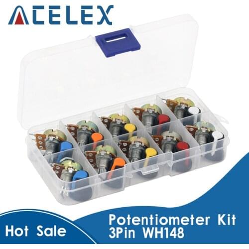 WH148 Potentiometer Kit B1K 2K 5K 10K 20K 50K 100K 500K 1M 15mm Linear Taper Rotary Potentiometer Resistor Set 3pin With Cap