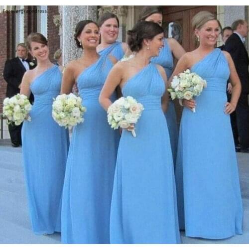 Cheap Sky Blue Chiffon Bridesmaid Dress One Shoulder Garden Country Formal Wedding Party Guest Maid of Honor Gown Plus Size