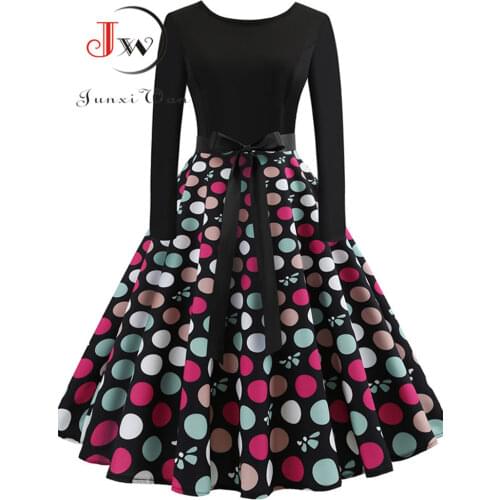 New Women Long Sleeve Midi Casual Slim Plus Size Floral Print Autumn Dresses Dot Vintage Rockabilly Pin Up Vestidos