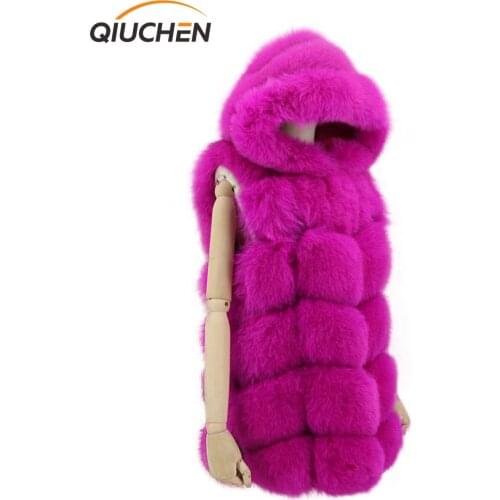 QIUCHEN PJ20059 2021 New real fox fur vest with hood 70cm long women thick furs vest winter fashion styles keep warm hot sale