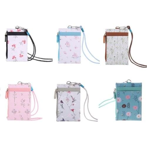 Portable Leather Card Credit Wallet Badge Holder Coin Pocket Purse with Lanyard LX9F