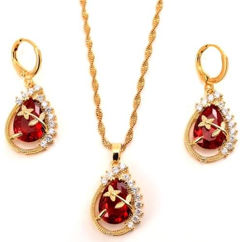 Luxurious Inlay red CZ Crystal diamond Earrings pendant necklace wedding bridal 24 k Fine Gold Jewelry Sets GF party gifts Women