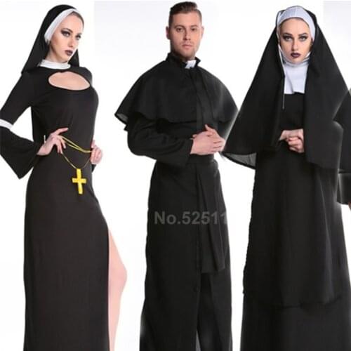 Medieval Halloween Men Women Monk Priest Nun Robe Gown Coat Missionary Cosplay Virgin Mary Dress Party Costumes Scarf Headpiece