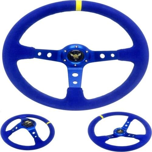 Universal 350mm 14inch Car Wheel Suede Leatger Drift Racing Game Steering Wheel Nubuck Blue