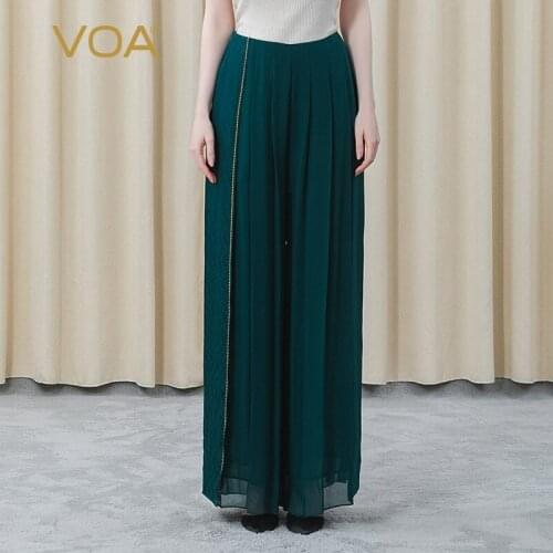 VOA Silk Georgette Green Jacquard Bump Splicing Asymmetric Fold Pocket Breathable Skin-friendly Double Wide-leg Pants KE399