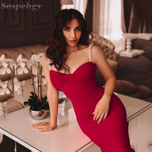 High Quality Elegant Ladies 2021 New Sleeveless Pearl Sling Bodycon Bandage Dresses Celebrity Runway Party Dress Womens