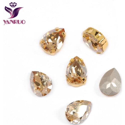 YANRUO 4320 Teardrop Crystal Golden Shadow Glass Stone Beads Pear Crystal Fancy With Claw Settings Jewelry