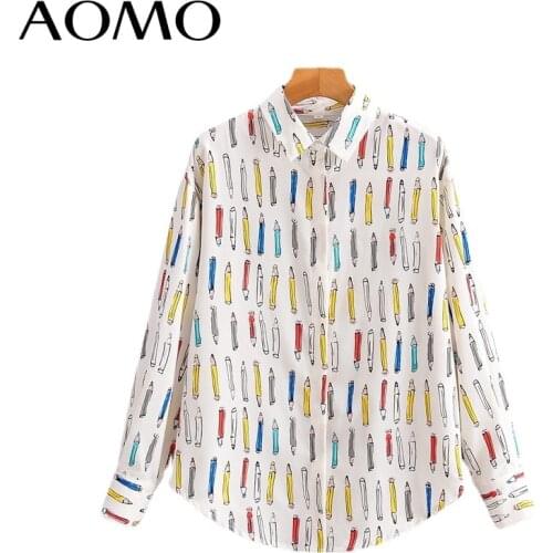 AOMO Women Funny Pen Print Long Shirt Long Sleeve 2021 Chic Female Casual Loose Shirt 8Y09A