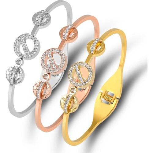 Hollow Round Circles Rhinestone Bangles Female Titanium Steel Circle Crystals Cuff Bracelets For Women Lover Bangles Gift