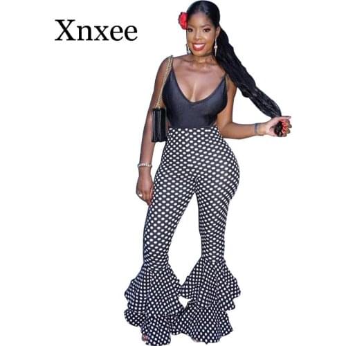 Womens Flare Pants Dot Black White Wave Point Casual High Waist Ruffles Sexy Wide Leg Pants gothic vintage boho pants hip pop