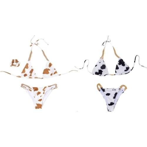 Women Cow Print Velvet 2pcs Bikini Set with Hair Tie Halter Metal Chain Swimsuit