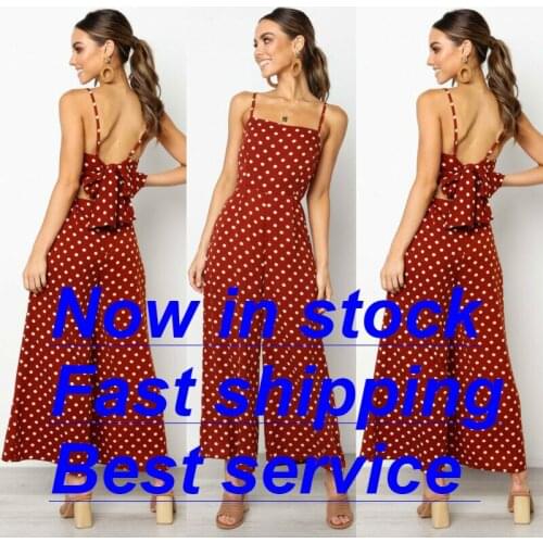 Women Sexy Sling Sleeveless Romper Dot Print Wide Leg Jumpsuit Party Casual Playsuit