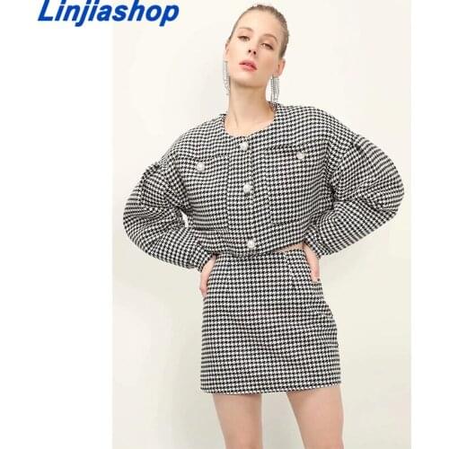 2021 Women Vintage Pearl Button Check Gingham Plaid Tweed Blazer Female High Waist A-Line Mini Short Skirts Suit 2 Set