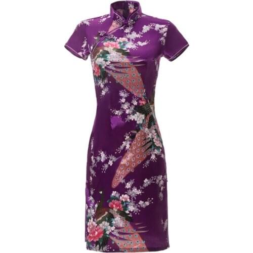 Oversize 6XL Purple Chinese Lady Sexy Cheongsam Peacock Mini Qipao Traditioanl Casual Dress For Women Mandarin Collar Dress