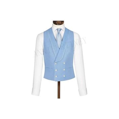 Latest Coat Pant Designs Light Blue Mens Vest Double Breasted Suit Vests Shawl Lapel Waistcoat Slim Fit Sleeveless Coat Tuxedo