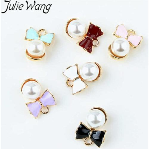 Julie Wang 10pcs Enamel Bow-knot Charms With Man-made Pearl Alloy Gold Tone Pendant Necklace Bracelet Jewelry Making Accessory