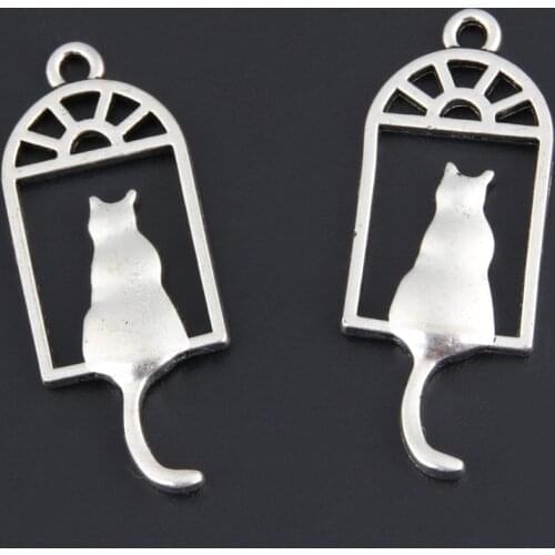 20pcs Silver Color 34x13.5mm Window And Cat Charms Animal Pendant For Jewelry Making DIY Handmade Accessorie