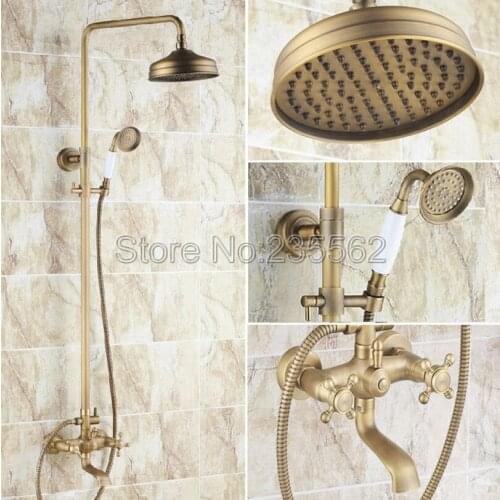 Antique Brass Wall Mounted 8" Bathroom Rain Shower Head Rainfall Shower Faucet Set Bath Tub Mixer Tap lrs126