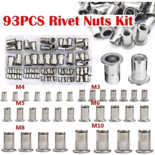 93Pcs Rivet Nuts Stainless Steel Nuts M3/M4/M5/M6/M8/M10 Screw Bolt Rivet Nut Kit