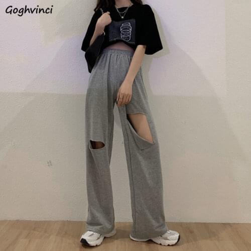Casual Pants Women Elastic-waist Loose Holes Wide-leg Streetwear Chic Fashion BF Summer Unisex Mopping Korean Style Teens New