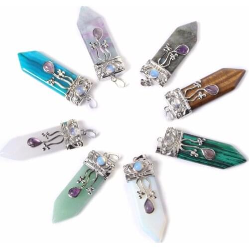 Healing Reiki Stone Pendant Jewelry Sword Natural Agates Amethysts Lapis Lazuli Opal Labradorite Quartz Pendants fit Necklaces