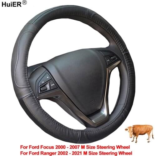 Car Steering Wheel Cover Wrap For Ford Ranger 2002 - 2021 Focus 2000 - 2007 M Size Steering Wheel Cow Leather Car Accessories