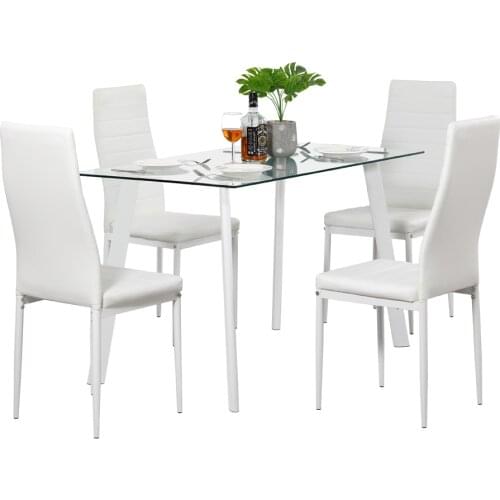 DA130 120x70x75cm Hot 5 Piece Dining Table Set 4 Chairs Glass Metal Kitchen Room Furniture White