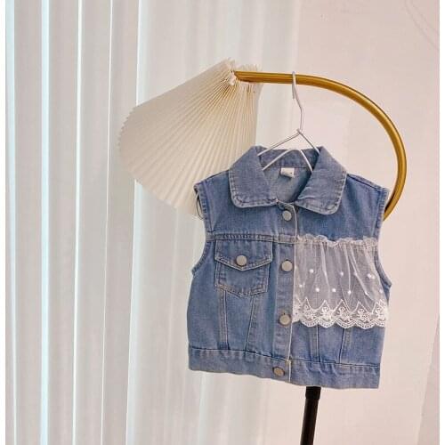 Girls Lace Jeans Waistcoat Kids Children Baby Outwear Cardigan Tops Casaco S13046