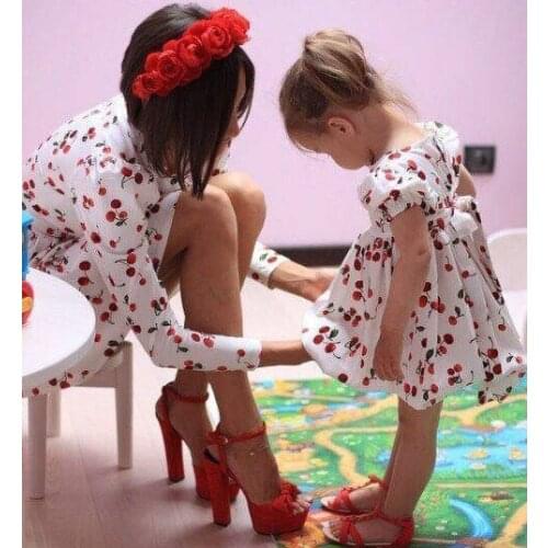 Cute Fruit Cherry Print Cotton Summer Dress Girl Kids Short Sleeve Bowknot Waistband O-Neck Sundress Kids Dress Party Of Girls