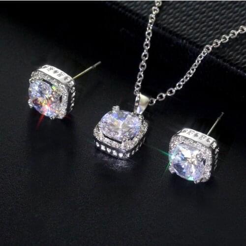 MIQIAO White Gold Square DIY Luxury Full Crystal Zircon Pendant Collar Chain Necklace Stud Earring Jewelry Set for Women Wedding