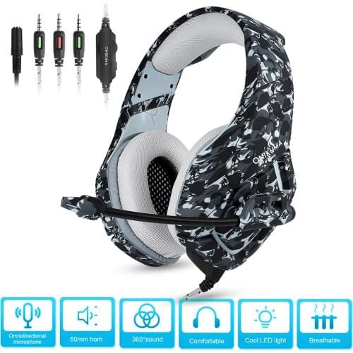 Fashion K1B 3.5mm Wired Camouflage Headphone with Microphone for PS4 PC Gamers Adjustable Headband for Computer