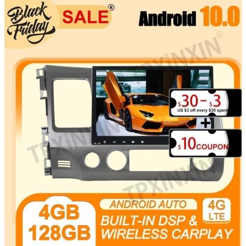 For Honda Civic 2006-2011 Carplay 4G+128G PX6 Android 10.0 Multimedia Player Auto Radio Tape Recorder GPS Navigation Head Unit