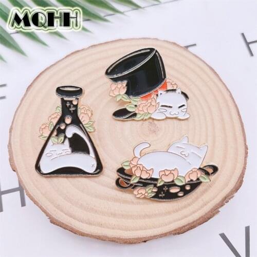 Cartoon Cute Animals White Cats Hats Flowers Vase Bowls Enamel Pins Brooches Custom Alloy Badges Sweet Women Jewelry Gifts
