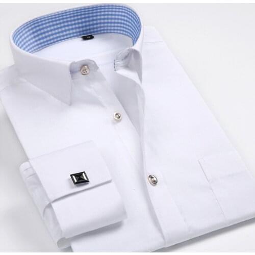 2017 Mens Luxury French Cuff Solid Color Dress Shirts New Patchwork Plaid Neck Long Sleeve Classic-fit Formal Shirt M569