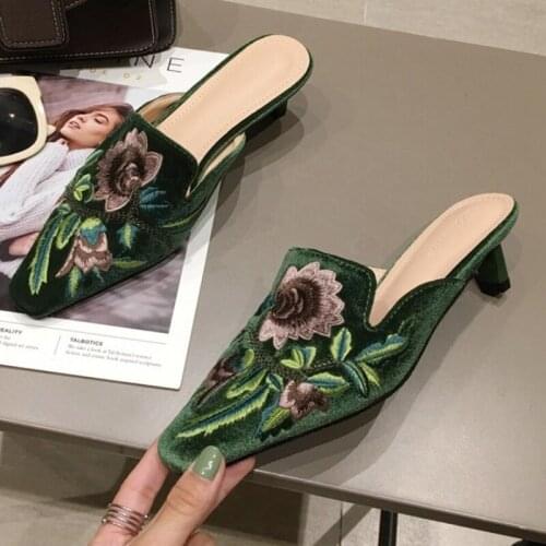 Flower embroider velvet slippers women small square toe strange high heels slides shoes floral mules women pantoufles femme