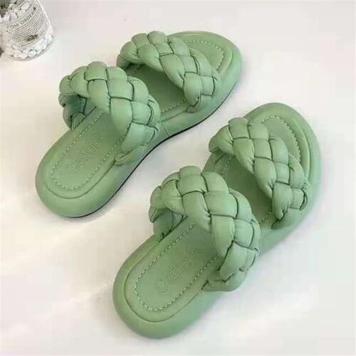 Women Summer Slippers Woman Roman Shoes Female Soft Mules Leather Braided Flat Heels Beach Casual Candy Color with Sexy Slides