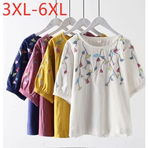 New 2021 Ladies Summer Plus Size Tops For Women Large Blouse Short Sleeve Loose Cotton Floral Embroidery Shirt 3XL 4XL 5XL 6XL