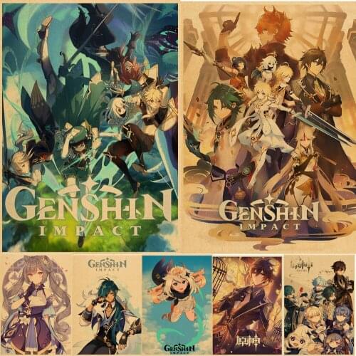 Kawaii Genshin Impact Posters Kraft Paper Prints Home Room Decor Study Bedroom Bar Cafe Wall Paintings Cartoon Wall Stickers